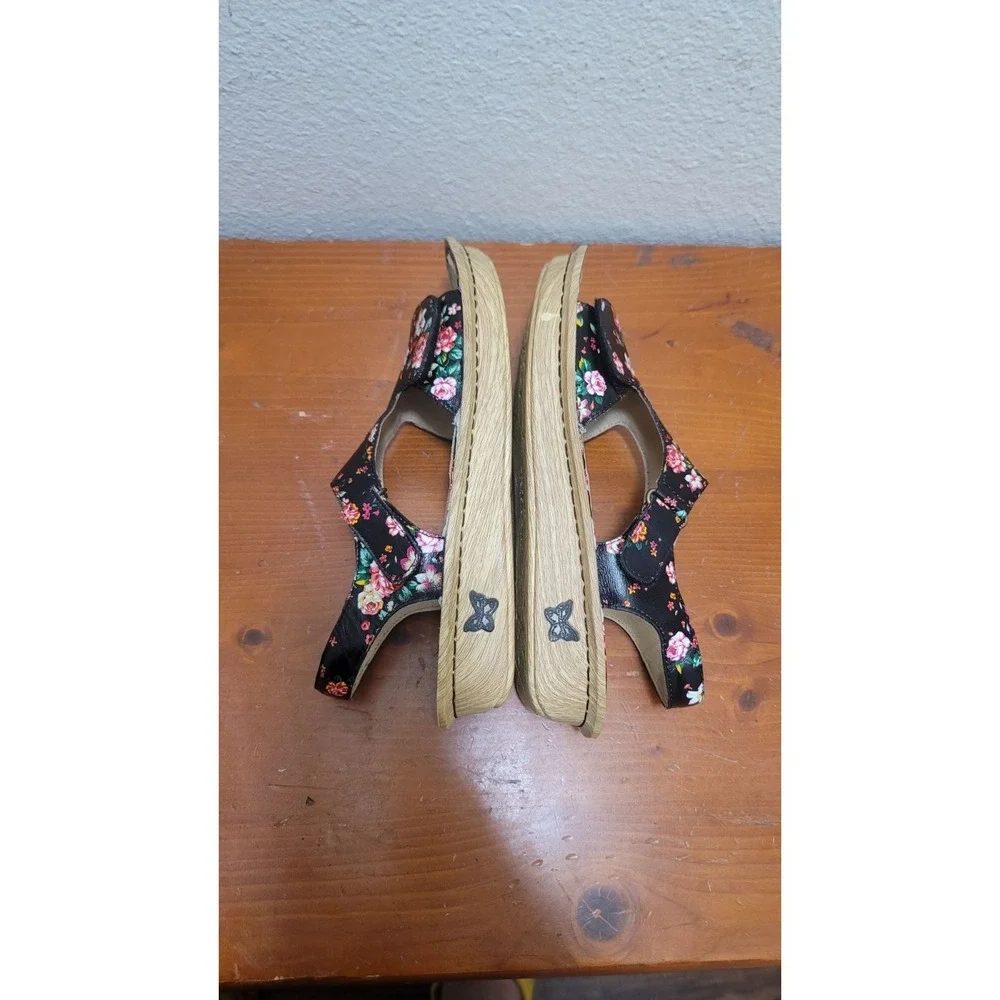 Alegria VIK-169 Floral Leather Sandals Womens 40 Black Slingback Comfort‎ Wedge